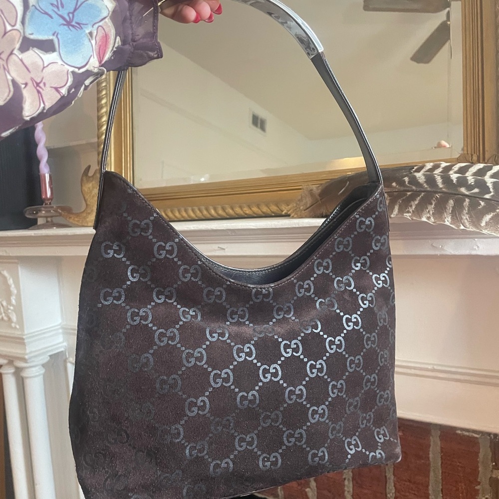 Gorgeous Vintage Y2K Tom Ford Era Velvet Gucci Brown Shoulder Mini Hobo Bag